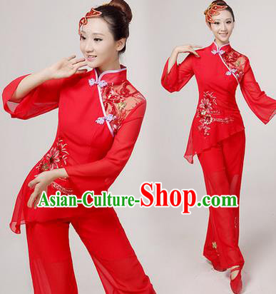 Traditional Chinese Yangge Fan Dancing Costume, Folk Dance Yangko Costume Drum Dance Red Embroider Clothing for Women