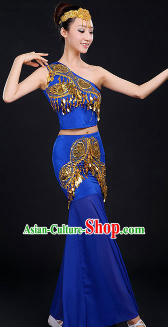 Traditional Chinese Dai Nationality Peacock Dancing Costume, Folk Dance Ethnic Paillette Dress, Chinese Minority Nationality Classic Dance Royalblue Costume for Women