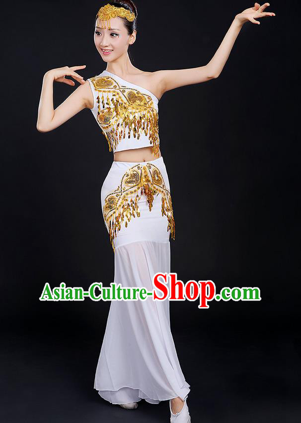 Traditional Chinese Dai Nationality Peacock Dancing Costume, Folk Dance Ethnic Paillette Dress, Chinese Minority Nationality Classic Dance White Costume for Women