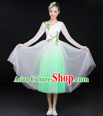 Traditional Chinese Modern Dancing Costume, Women Opening Classic Chorus Singing Group Dance Paillette Costume, Classic Dance Plum Blossom Costume, Modern Dance Long Green Dress for Women