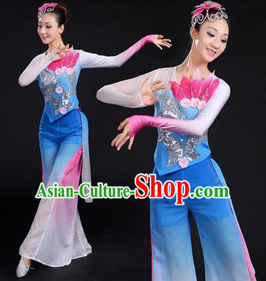 Traditional Chinese Yangge Fan Dancing Costume, Folk Dance Yangko Paillette Uniforms, Classic Lotus Dance Dress Drum Dance Blue Clothing for Women