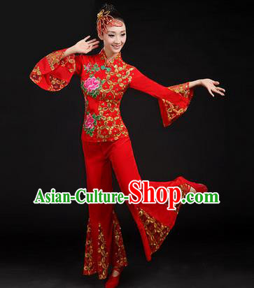 Traditional Chinese Yangge Fan Dancing Costume, Folk Dance Yangko Embroider Uniforms, Classic Dance Dress Drum Dance Red Clothing for Women