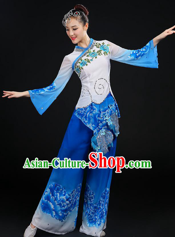 Traditional Chinese Yangge Fan Dancing Costume, Folk Dance Yangko Blue and White Porcelain Uniforms, Classic Dance Cheongsam Dress Drum Dance Blue Clothing for Women
