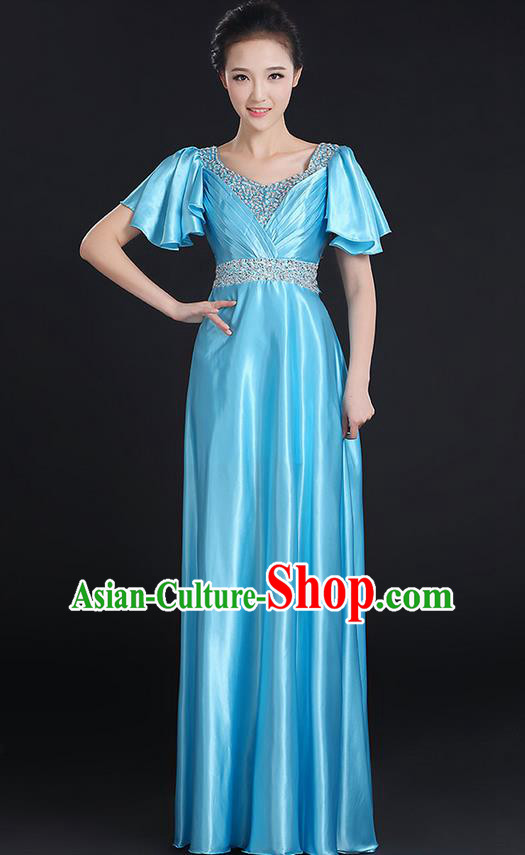 Traditional Chinese Modern Dancing Compere Costume, Women Opening Classic Chorus Singing Group Dance Uniforms, Modern Dance Crystal Long Blue Dress for Women