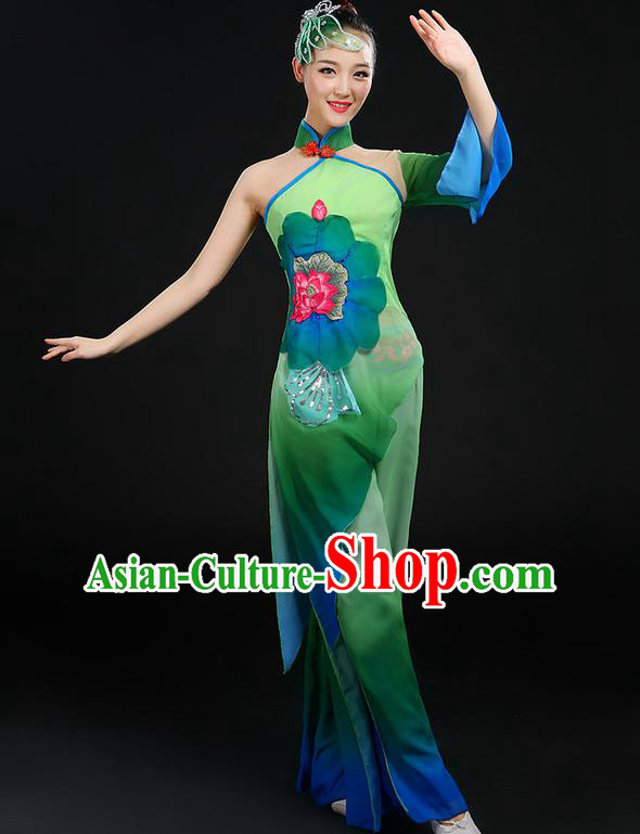 Traditional Chinese Yangge Fan Dancing Costume, Folk Dance Yangko Stand Collar Uniforms, Classic Dance Dress Drum Umbrella Dance Painting Lotus Clothing for Women