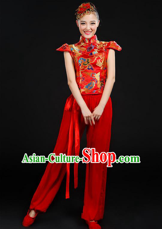 Traditional Chinese Yangge Fan Dancing Costume, Folk Dance Yangko Mandarin Collar Uniforms, Classic Dance Elegant Dress Drum Dance Painting Dragon Red Clothing for Women