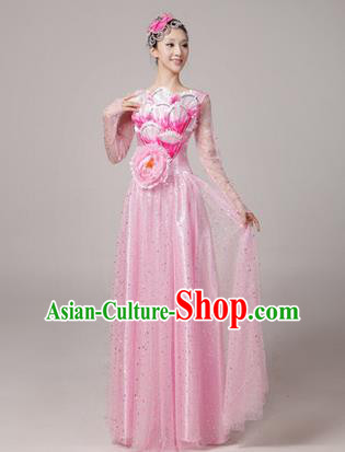 Traditional Chinese Modern Dancing Compere Costume, Women Opening Classic Chorus Singing Group Dance Uniforms, Modern Dance Long Peony Pink Dress for Women