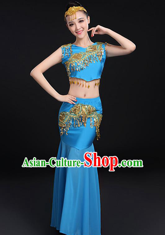 Traditional Chinese Dai Nationality Peacock Dancing Costume, Folk Dance Ethnic Paillette Fishtail Dress Uniform, Chinese Minority Nationality Dancing Blue Clothing for Women