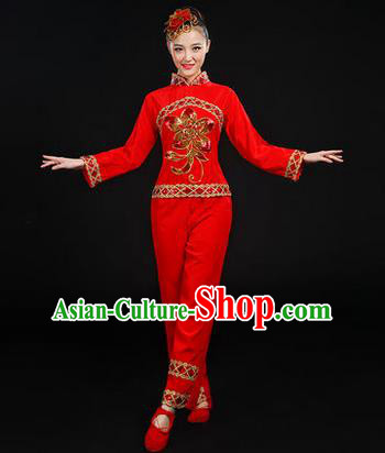 Traditional Chinese Yangge Fan Dancing Costume, Folk Dance Yangko Uniforms, Classic Dance Elegant Dress Drum Dance Paillette Peony Red Clothing for Women