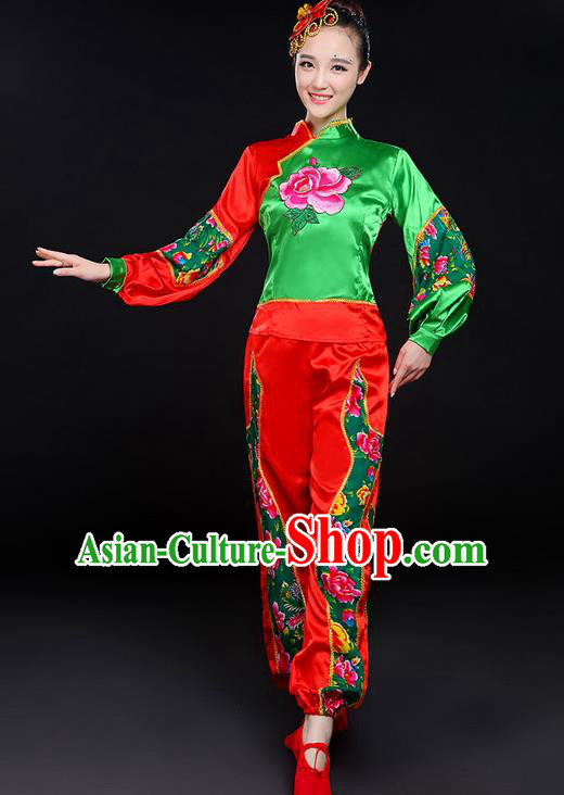 Traditional Chinese Yangge Fan Dancing Costume, Folk Dance Yangko Embroidered Uniforms, Classic Dance Elegant Dress Drum Dance Clothing for Women