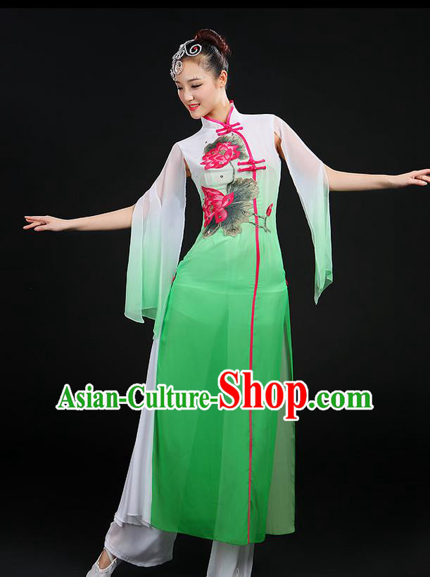 Traditional Chinese Yangge Fan Dancing Costume, Folk Dance Yangko Uniforms, Classic Lotus Dance Elegant Dress Drum Dance Green Clothing for Women
