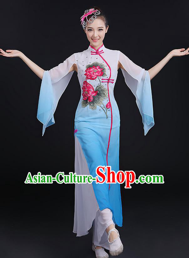 Traditional Chinese Yangge Fan Dancing Costume, Folk Dance Yangko Uniforms, Classic Lotus Dance Elegant Dress Drum Dance Blue Clothing for Women