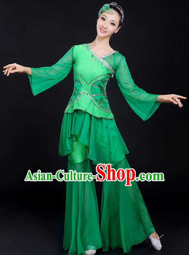 Traditional Chinese Yangge Fan Dancing Costume, Folk Dance Yangko Uniforms, Classic Lotus Dance Elegant Dress Drum Dance Paillette Green Clothing for Women