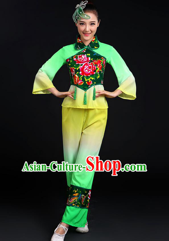 Traditional Chinese Yangge Fan Dancing Costume, Folk Dance Yangko Uniforms, Classic Dance Elegant Dress Drum Dance Peony Green Clothing for Women