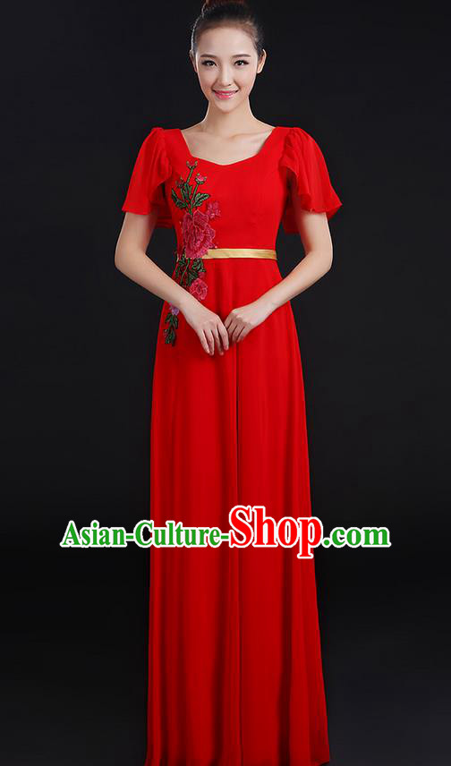 Traditional Chinese Modern Dancing Compere Costume, Women Opening Classic Chorus Singing Group Dance Peony Uniforms, Modern Dance Classic Dance Long Red Dress for Women