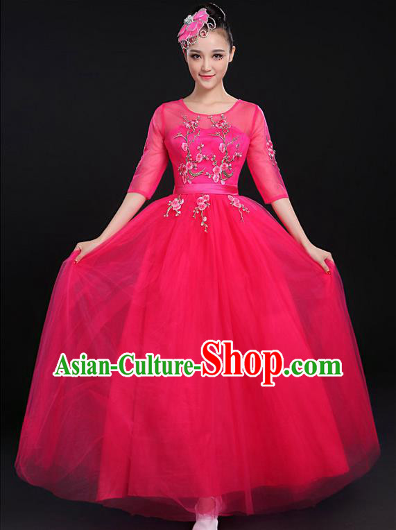 Traditional Chinese Modern Dancing Compere Costume, Women Opening Classic Chorus Singing Group Dance Bubble Uniforms, Modern Dance Embroidered Plum Blossom Long Rose Dress for Women