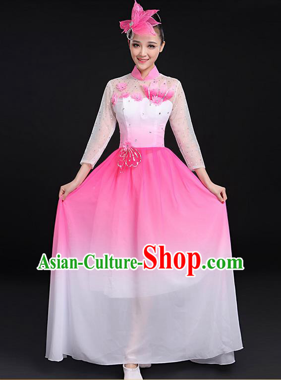 Traditional Chinese Modern Dancing Compere Costume, Women Opening Classic Chorus Singing Group Dance Big Swing Uniforms, Modern Dance Long Pink Flowers Dress for Women