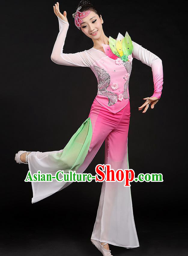 Traditional Chinese Yangge Fan Dancing Costume, Folk Dance Yangko Uniforms, Classic Dance Elegant Paillette Dress Drum Dance Pink Clothing for Women