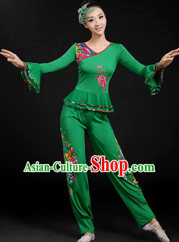 Traditional Chinese Yangge Fan Dancing Costume, Folk Dance Yangko Mandarin Sleeve Uniforms, Classic Dance Elegant Dress Drum Dance Peony Green Clothing for Women