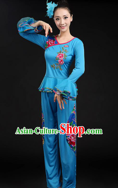 Traditional Chinese Yangge Fan Dancing Costume, Folk Dance Yangko Mandarin Sleeve Uniforms, Classic Dance Elegant Dress Drum Dance Peony Blue Clothing for Women