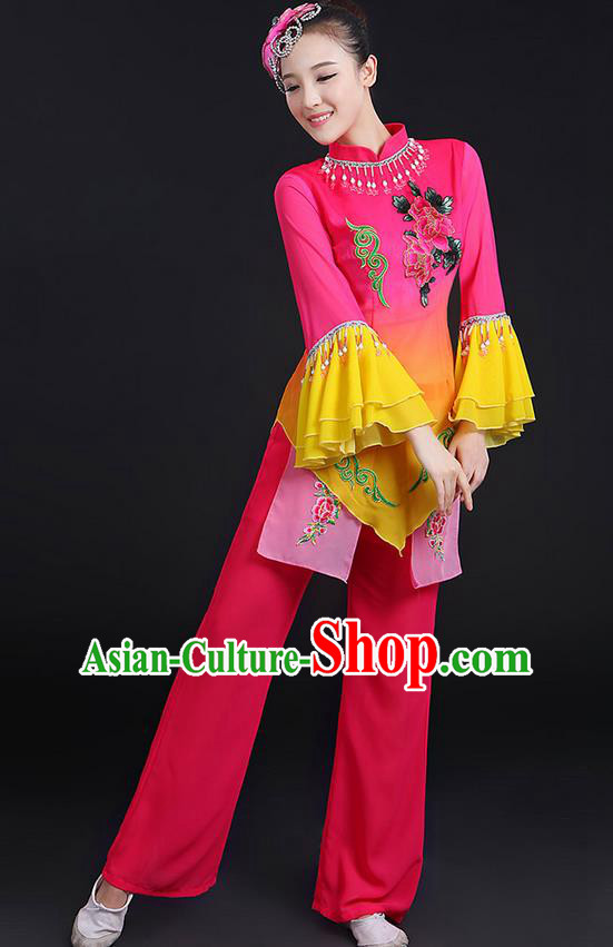 Traditional Chinese Yangge Fan Dancing Costume, Folk Dance Yangko Mandarin Sleeve Uniforms, Classic Umbrella Dance Elegant Dress Drum Dance Sequins Peony Clothing for Women