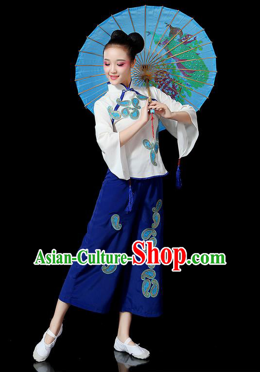 Traditional Chinese Yangge Fan Dancing Costume, Folk Dance Yangko Mandarin Sleeve Uniforms, Classic Dance Elegant Dress Drum Dance Blue Clothing for Women