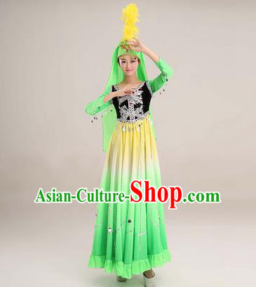 Traditional Chinese Uyghur nationality Dancing Costume, Folk Dance Ethnic Costume, Chinese Minority Nationality Uigurian Dance Big Swing Green Dress for Women