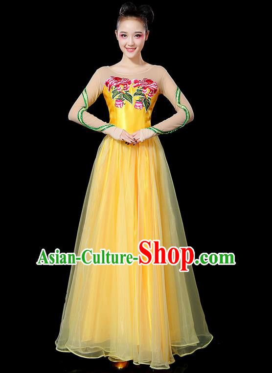 Traditional Chinese Modern Dancing Compere Costume, Women Opening Classic Chorus Singing Group Dance Uniforms, Modern Dance Classic Dance Peony Yellow Big Swing Dress for Women