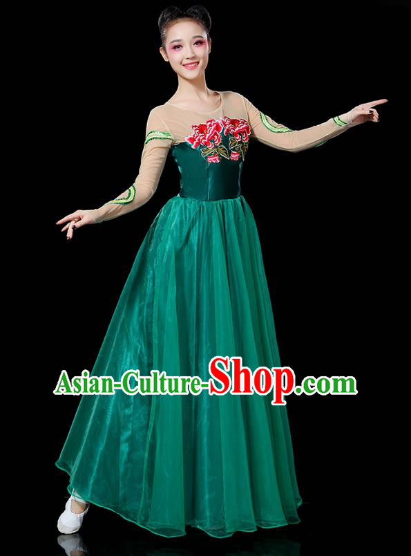 Traditional Chinese Modern Dancing Compere Costume, Women Opening Classic Chorus Singing Group Dance Uniforms, Modern Dance Classic Dance Peony Atrovirens Big Swing Dress for Women