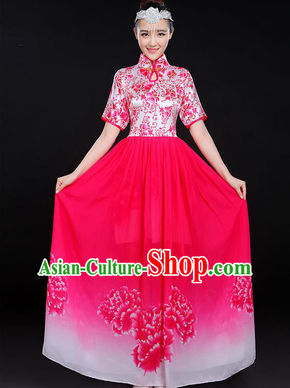 Traditional Chinese Modern Dancing Compere Costume, Women Opening Classic Chorus Singing Group Dance Uniforms, Modern Dance Classic Dance Big Swing Pink Cheongsam Dress for Women