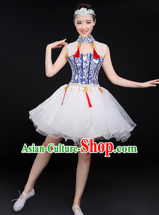Traditional Chinese Modern Dancing Compere Costume, Women Opening Classic Chorus Singing Group Dance Uniforms, Modern Dance Classic Dance Bubble Cheongsam Short Dress for Women