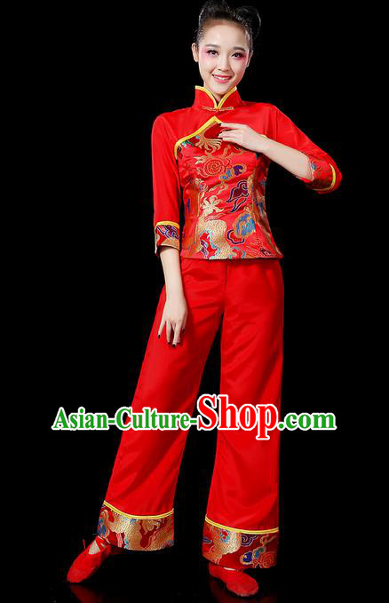 Traditional Chinese Yangge Fan Dancing Costume, Folk Dance Yangko Mandarin Sleeve Uniforms, Classic Dance Elegant Stand Collar Dress Drum Dance Red Clothing for Women