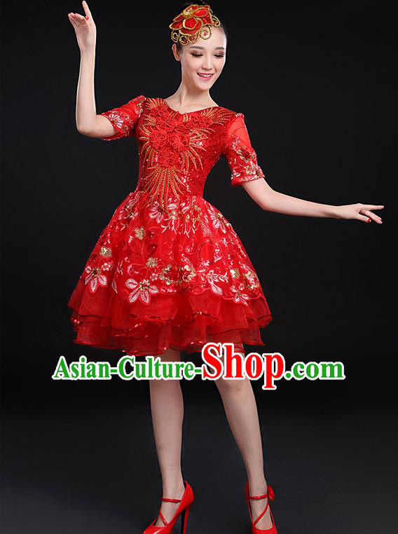 Traditional Chinese Modern Dancing Compere Costume, Women Opening Classic Chorus Singing Group Dance Paillette Uniforms, Modern Dance Bubble Short Red Dress for Women