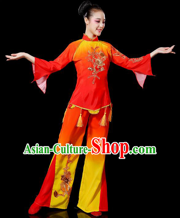 Traditional Chinese Yangge Fan Dancing Costume, Folk Dance Yangko Uniforms, Classic Umbrella Dance Elegant Tassel Dress Drum Dance Clothing for Women