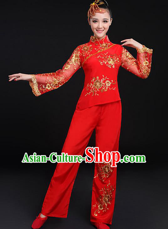 Traditional Chinese Yangge Fan Dancing Costume, Folk Dance Yangko Gilding Flowers Peony Uniforms, Classic Umbrella Dance Elegant Dress Drum Dance Red Clothing for Women