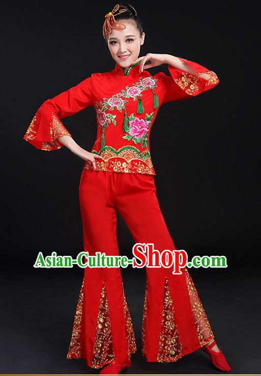 Traditional Chinese Yangge Fan Dancing Costume, Folk Dance Yangko Flowers Mandarin Sleeve Embroidered Peony Uniforms, Classic Umbrella Dance Elegant Dress Drum Dance Red Clothing for Women