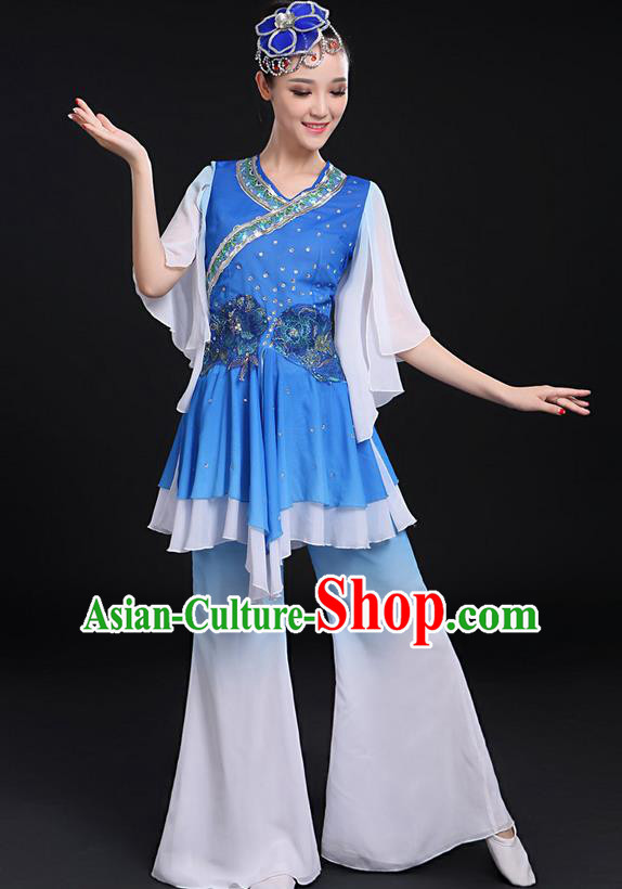 Traditional Chinese Yangge Fan Dancing Costume, Folk Dance Yangko Flowers Mandarin Sleeve Uniforms, Classic Umbrella Dance Elegant Dress Drum Dance Blue Clothing for Women