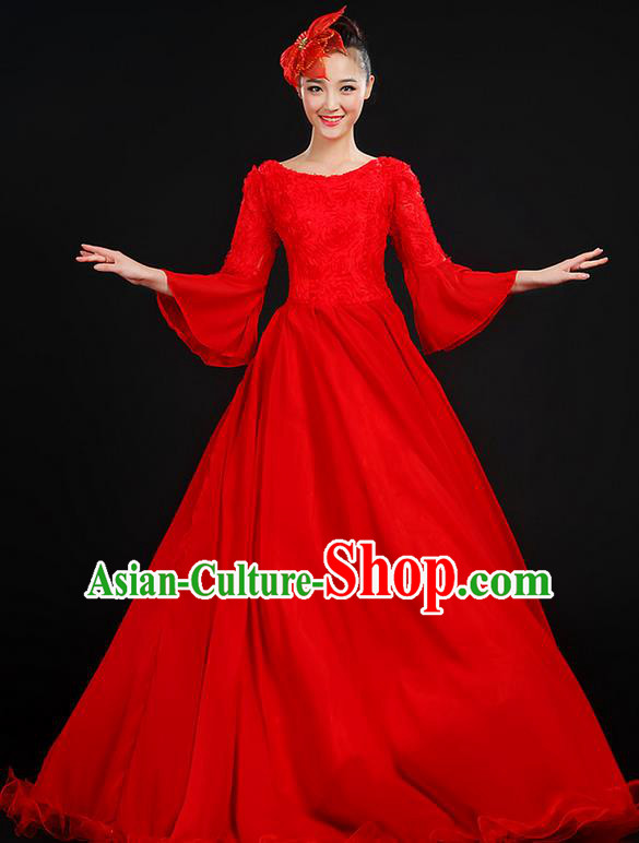 Traditional Chinese Modern Dancing Compere Costume, Women Opening Classic Chorus Singing Group Dance Dress Uniforms, Modern Dance Classic Dance Big Swing Red Dress for Women
