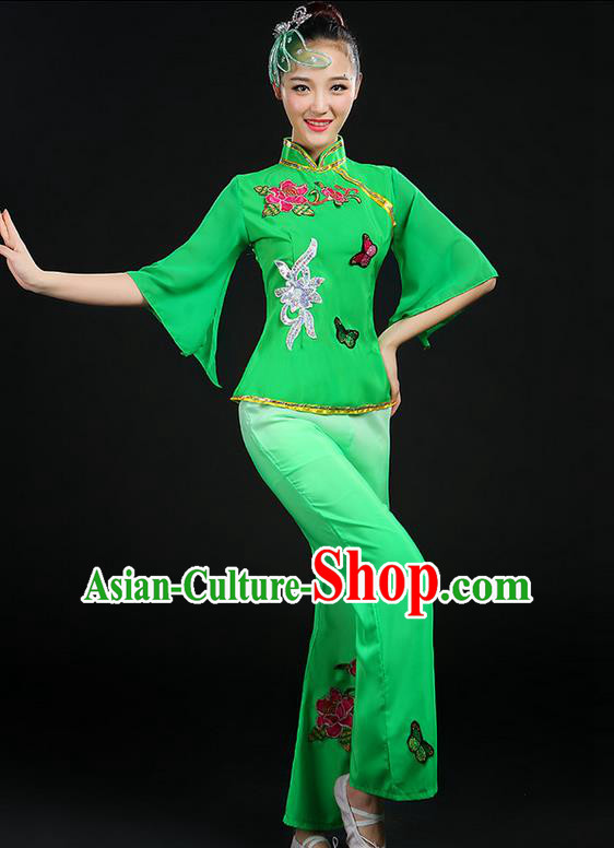 Traditional Chinese Yangge Fan Dancing Costume, Folk Dance Yangko Mandarin Sleeve Butterfly Peony Uniforms, Classic Umbrella Dance Elegant Dress Drum Dance Clothing for Women