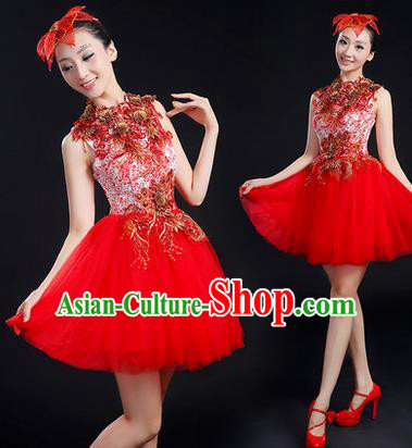 Traditional Chinese Modern Dancing Compere Costume, Women Opening Classic Chorus Singing Group Dance Paillette Uniforms, Modern Dance Bubble Short Red Dress for Women