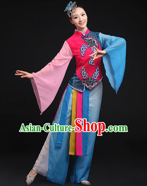 Traditional Chinese Yangge Fan Dancing Costume, Folk Dance Yangko Mandarin Sleeve Uniforms, Classic Umbrella Dance Elegant Dress Drum Dance Blue Clothing for Women
