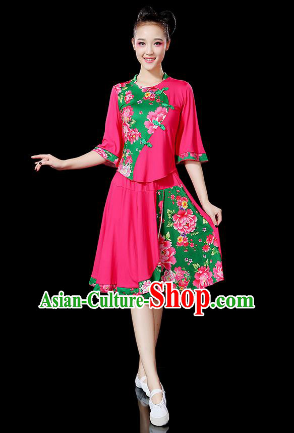 Traditional Chinese Yangge Fan Dancing Costume, Folk Dance Yangko Mandarin Sleeve Satin Peony Uniforms, Classic Umbrella Dance Elegant Dress Drum Dance Pink Clothing for Women