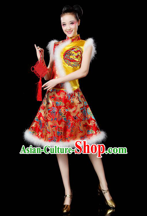Traditional Chinese Yangge Fan Dancing Costume, Folk Dance Yangko Embroidered Dragon Satin Gold Uniforms, Classic Umbrella Dance Elegant Dress Drum Dance Clothing for Women