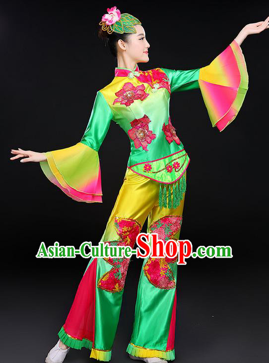 Traditional Chinese Yangge Fan Dancing Costume, Folk Dance Yangko Lotus Dance Mandarin Sleeve Satin Uniforms, Classic Umbrella Dance Elegant Dress Drum Dance Clothing for Women