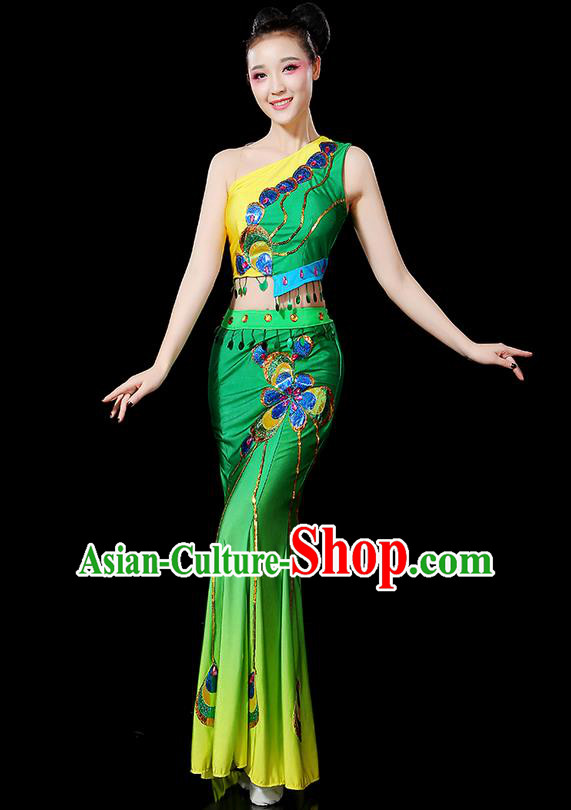 Traditional Chinese Dai Nationality Peacock Dancing Costume, Folk Dance Ethnic Paillette Fishtail Dress Uniform, Chinese Minority Nationality Dancing Green Clothing for Women