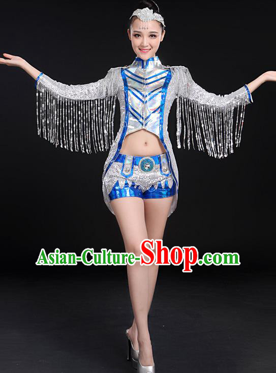 Traditional Chinese Modern Dancing Compere Costume, Women Opening Classic Jazz Dance Mandarin Collar Uniforms, Modern Dance Jazziness Dance Paillette Tassel Dress for Women