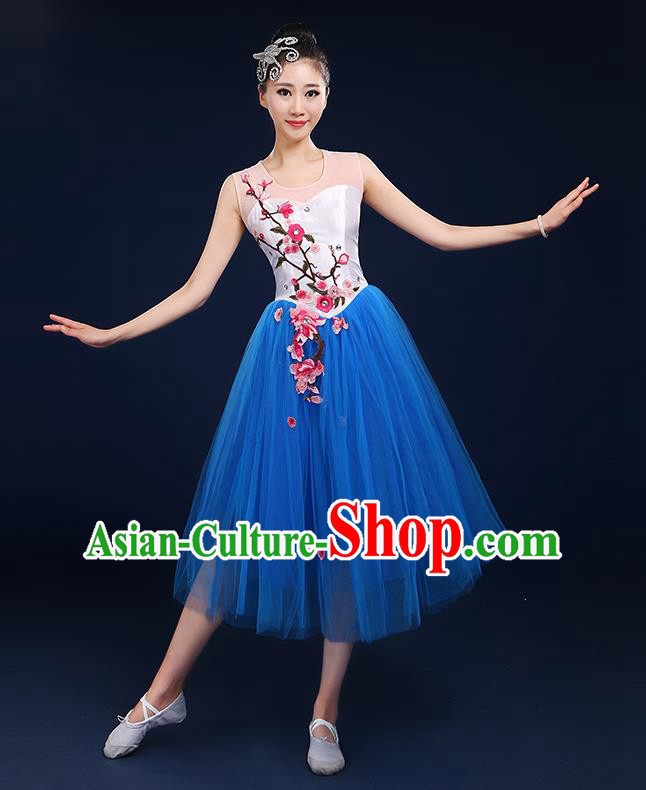 Traditional Chinese Modern Dancing Compere Costume, Women Opening Classic Chorus Singing Group Dance Embroider Plum Blossom Bubble Uniforms, Modern Dance Classic Dance Big Swing Blue Short Dress for Women