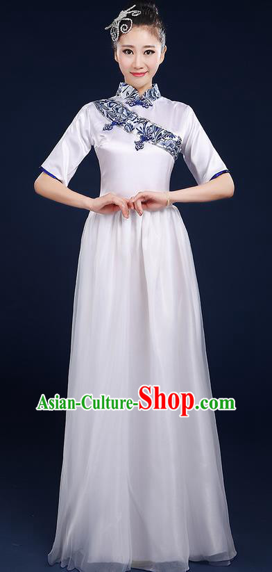 Traditional Chinese Style Modern Dancing Compere Costume, Women Opening Classic Chorus Singing Group Dance Blue and White Porcelain Uniforms, Modern Dance Classic Dance Cheongsam Dress for Women