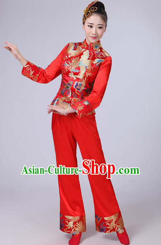 Traditional Chinese Yangge Fan Dancing Costume, Folk Dance Yangko Satin Dragon Uniforms, Classic Umbrella Dance Elegant Dress Drum Dance Red Clothing for Women