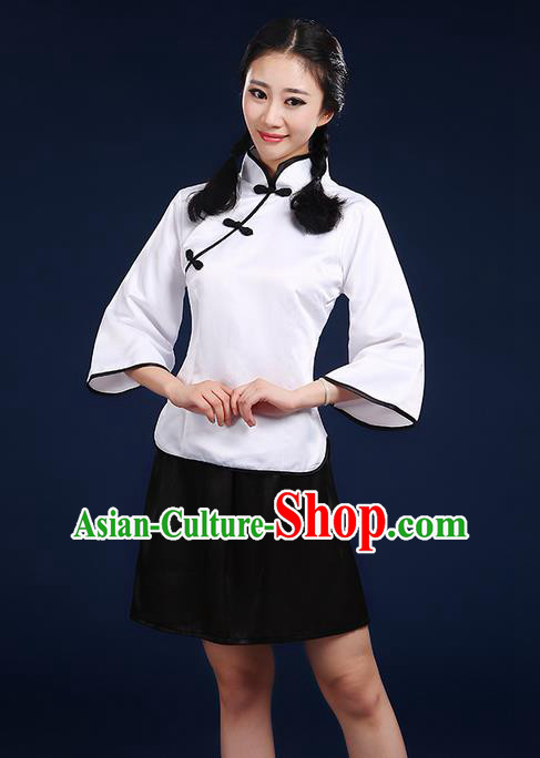 Traditional Chinese Style Modern Dancing Compere Costume, Women Chorus Singing Group Opening Classic Dance Republic of China Students White Uniforms, Modern Dance Cheongsam Blouse Dress for Women